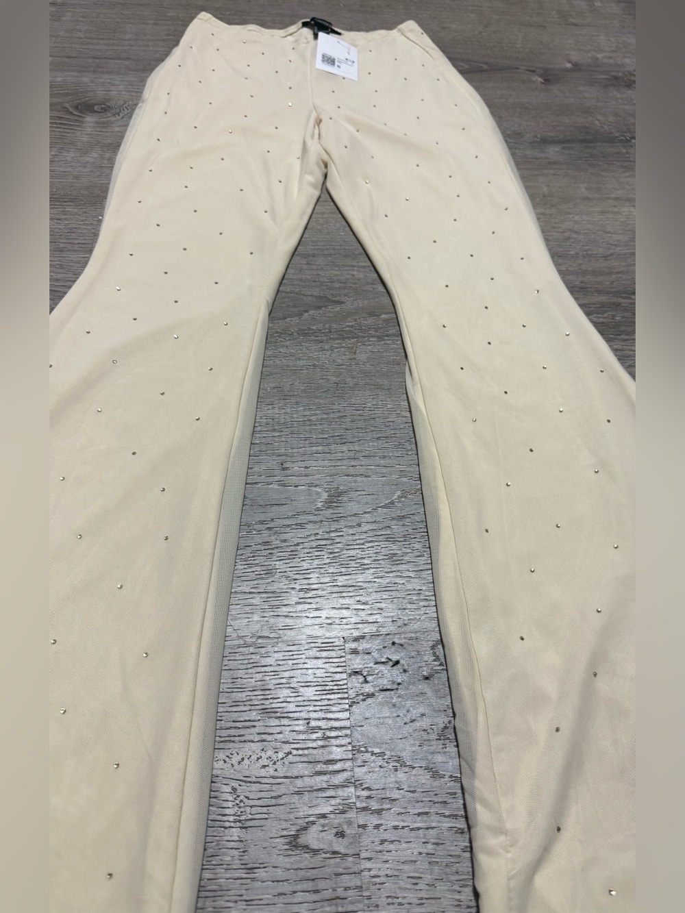 Forever 21 Egret Rhinestone Mesh Flare Pants NWT Sheer High Rise Festival S - Picture 5 of 5